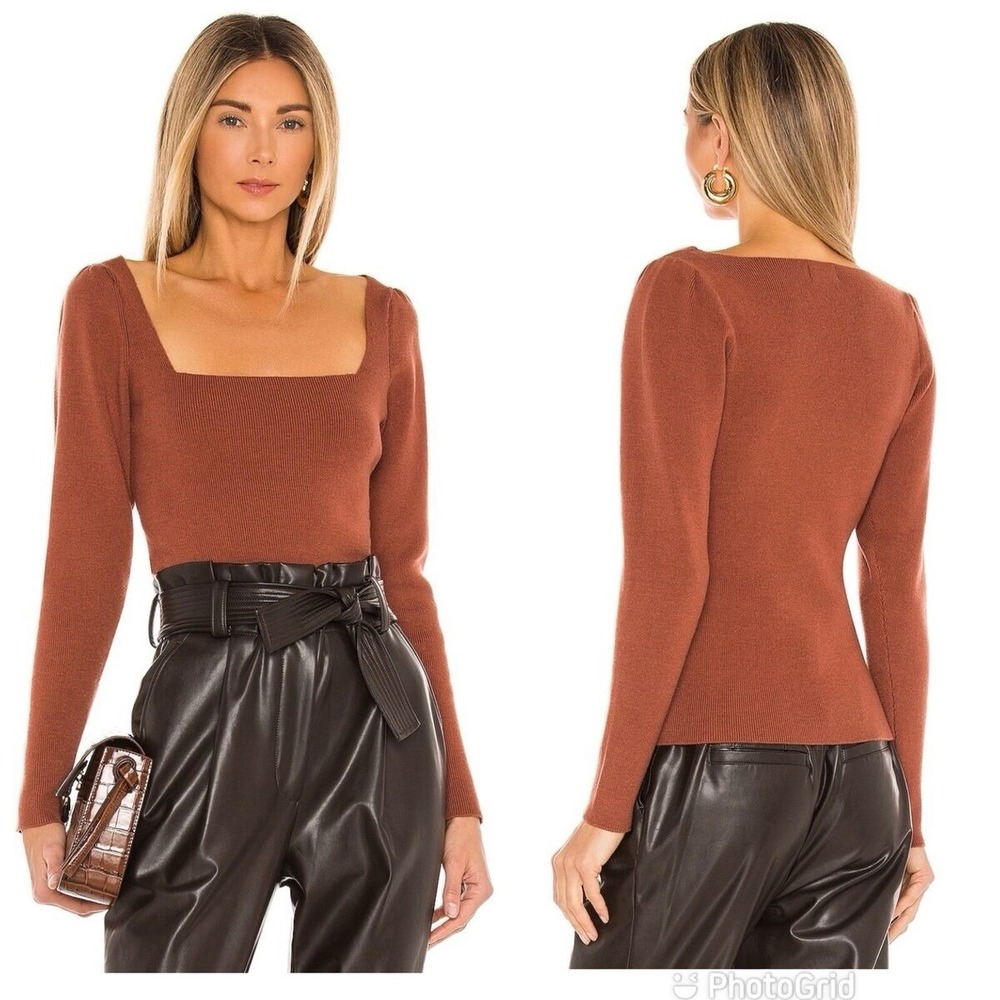 Camila Coelho Square Neck Top Puff Sleeve Knit‎ Sweater Rust Brown XXS